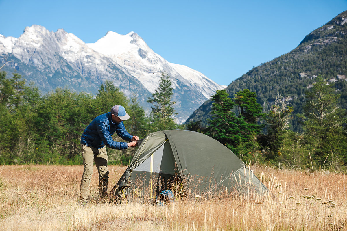 REI Co-op 650 Down Jacket (setting up tent)